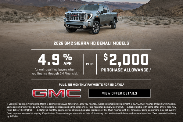 4.9% APR and $2,000 Purchase Allowance New Sierra HD Denali